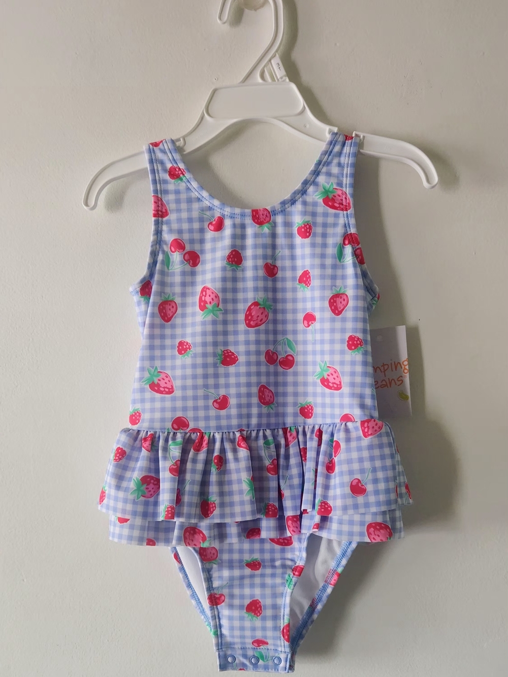 Jumping Beans Blue Gingham Strawberry Ruffle One-Piece Swimsuit Sz 3T